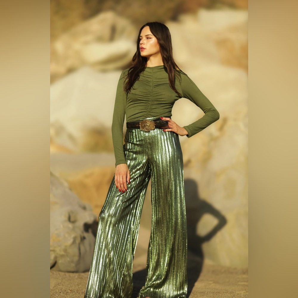 Nightcap Free People emerald green metallic lame wide leg hi waist pants XS S M